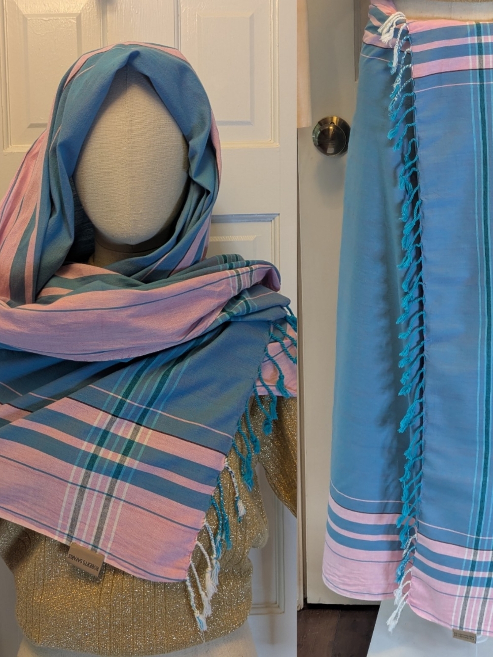 Kenya Kikoy Style Light Blue and Pink Striped Cotton Scarf Or Sarong